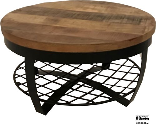 Iron Round Coffee Table Wooden top & Iron Shelf at base 90 Iron Stand Black Finish & Wood Natural Finish