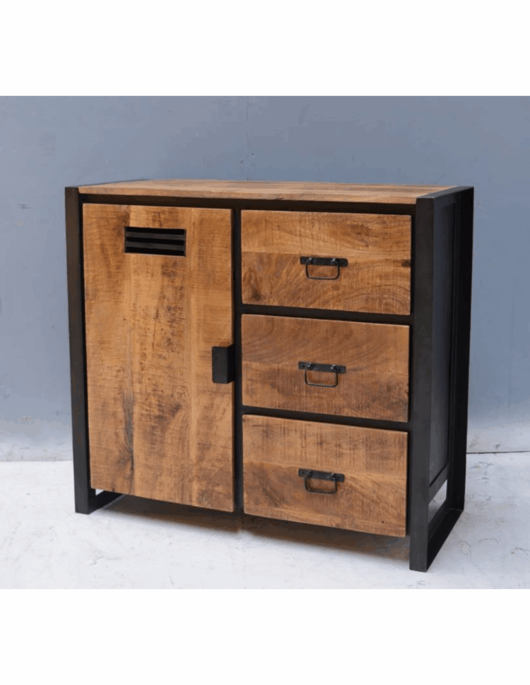 Dressoir Luna industrieel 3 laden 1 deur, mango 94 cm