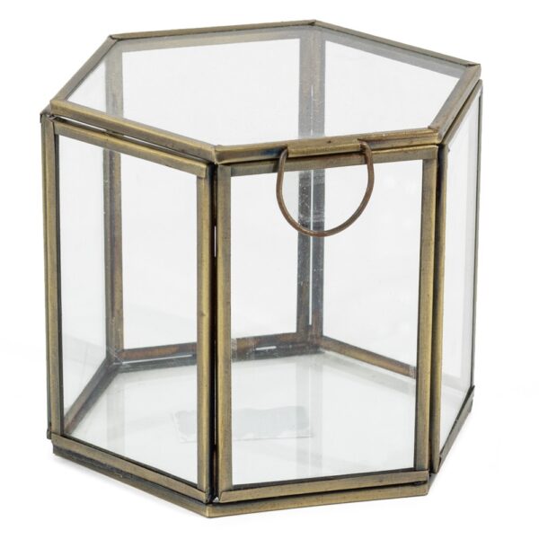 Goudkleurig glazen doosje hexagon met deksel(10x10x10cm)