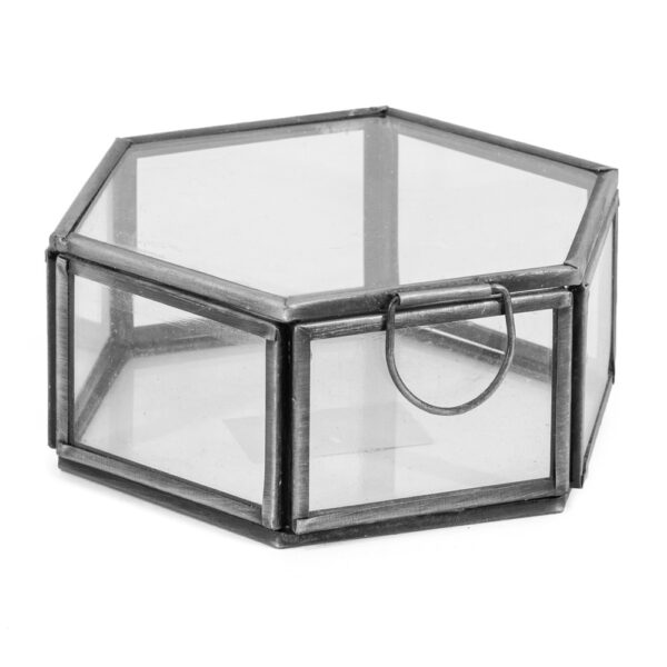 zwartkleurig glazen doosje hexagon met deksel(10x10x5cm)