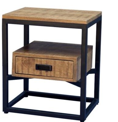 Bijzettafel Len, Mangohout, Industrieel, Zwart Metaal, Met Lade