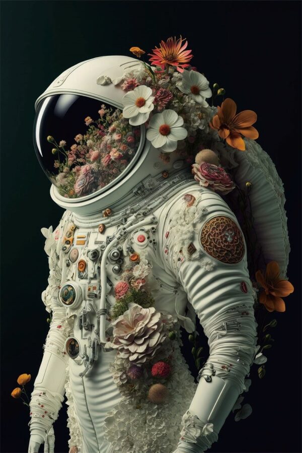 Schilderij 3D tempered glass astronaut bloemen