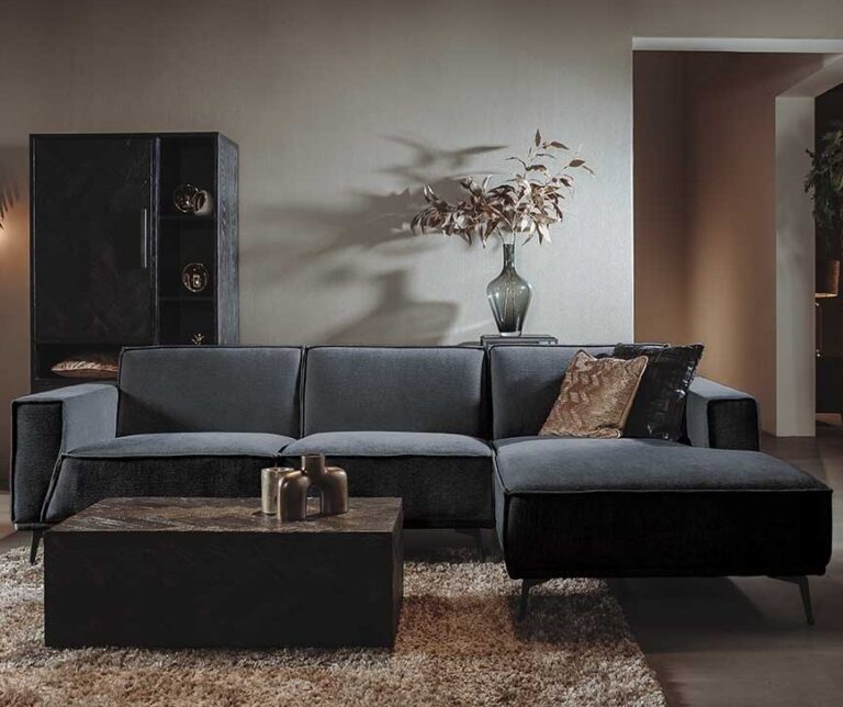 Bank Leeds 2,5 zits met chaise longue Links City 120 Beige – Tower Living Bank Leeds – 2,5 zits + chaise longue Rechts – City 464 zwart blauw