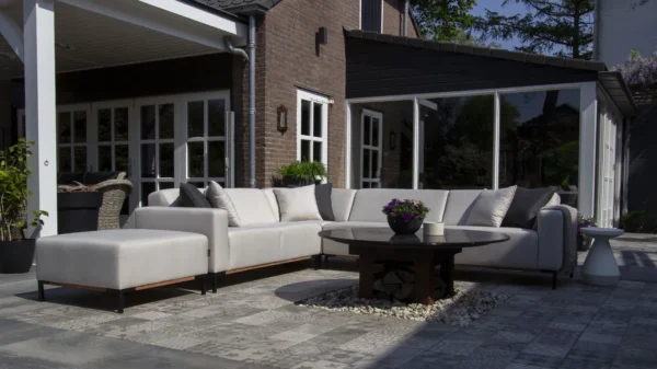 UrbanSofa Outdoor stoffen tuinbanken Marbelle Hoekbank Sunbrella Natte Linen Chalk Marbella Hocker Sunbrella Natte Linen Chalk Website