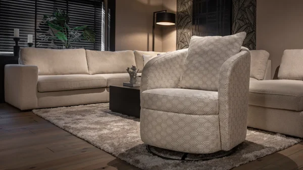 UrbanSofa Liv Fauteuil in Carlton Shiny Nature en Giorno Hoekbank in Mulberry Sand